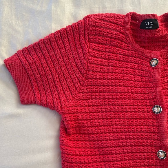 VICI Red Short Sleeve Estelle Crochet Cardigan, Size L - Picture 10 of 10